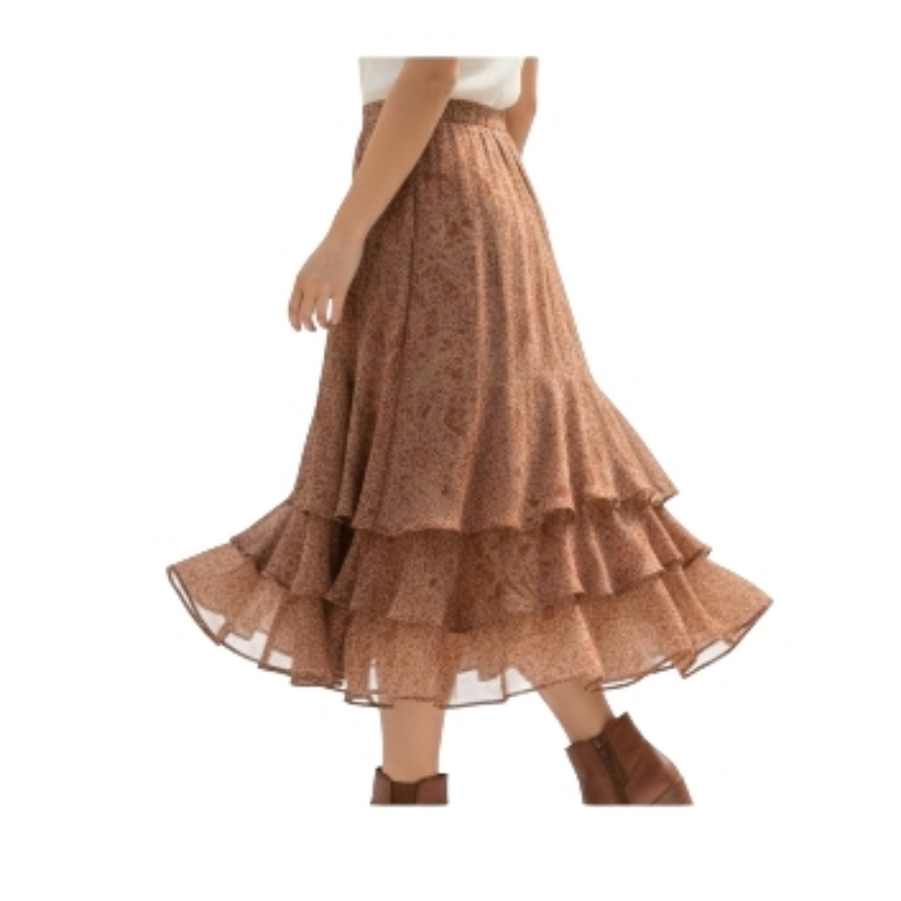 ​Coldwater Creek Vintage Brown Tiered Floral Midi Skirt Boho Petite XS